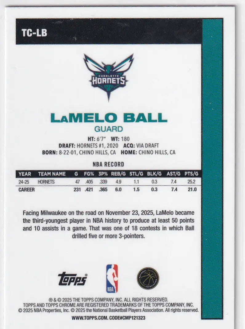 2025 TOPPS #TC-LB LAMELO BALL MOJO- CHARLOTTE HORNETS - Basketball Card Single