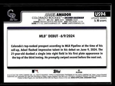 2025 Topps Update Adael Amador #US94 Colorado Rockies