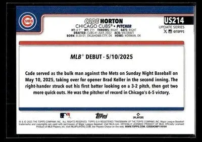 2025 Topps Update Cade Horton #US214 Chicago Cubs