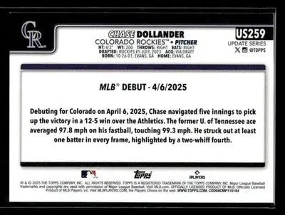 2025 Topps Update Chase Dollander #US259 Colorado Rockies