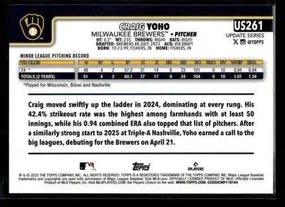 2025 Topps Update Craig Yoho #US261 RC Milwaukee Brewers