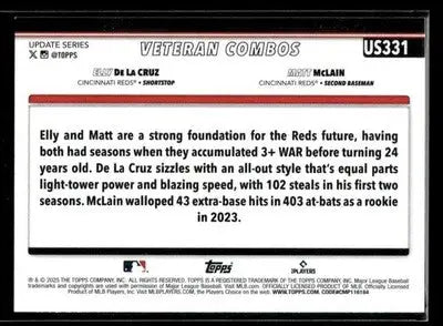 2025 Topps Update Elly De La Cruz / Matt McLain #US331 Cincinnati Reds