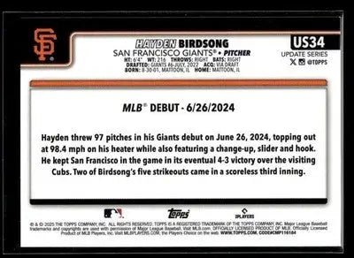 2025 Topps Update Hayden Birdsong #US34 San Francisco Giants