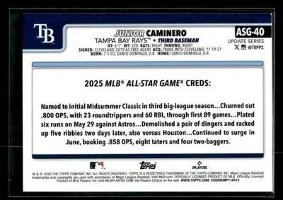 2025 Topps Update Junior Caminero #ASG-40 2025 All-Star Game Tampa Bay Rays