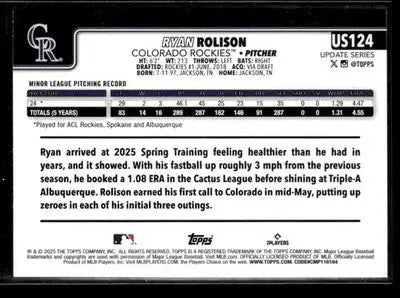 2025 Topps Update - Topps Logo Foil Ryan Rolison #US124 RC Colorado Rockies - Baseball Card Single