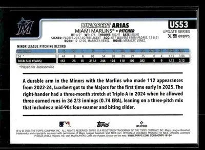 2025 Topps Update Luarbert Arias #US53 Rainbow Foil RC Miami Marlins