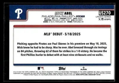 2025 Topps Update Mick Abel #US270 Philadelphia Phillies