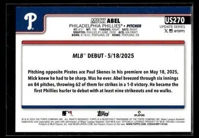 2025 Topps Update Mick Abel #US270 Sandglitter Philadelphia Phillies
