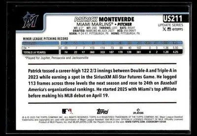 2025 Topps Update Patrick Monteverde #US211 Sandglitter RC Miami Marlins