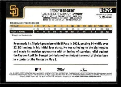 2025 Topps Update Ryan Bergert #US295 RC San Diego Padres