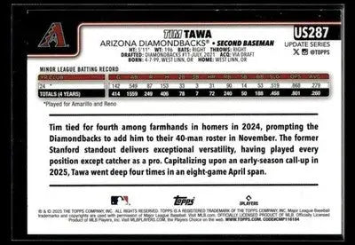 2025 Topps Update Tim Tawa #US287 RC Arizona Diamondbacks