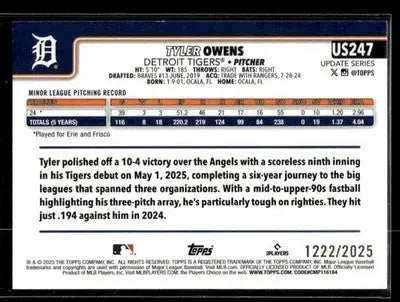 2025 Topps Update Tyler Owens #US247 Gold SN,RC #/2025 Detroit Tigers