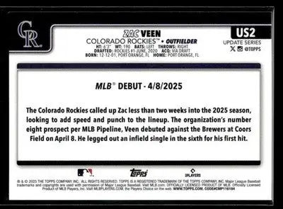 2025 Topps Update Zac Veen #US2 Colorado Rockies