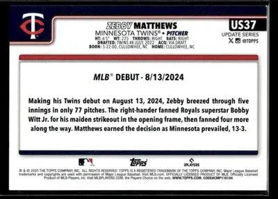 2025 Topps Update Zebby Matthews #US37 Minnesota Twins