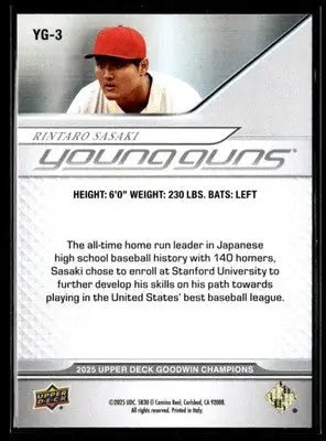 2025 Upper Deck Goodwin Champions Rintaro Sasaki #YG-3 Young Guns Stanford