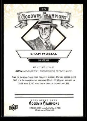 2025 Upper Deck Goodwin Champions Stan Musial #20 St Louis Cardinals