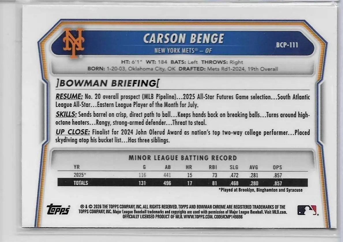2026 Bowman Chrome - Carson Benge #BCP-111 MEGA Box MOJO Refractor (1316) - Baseball Card Single