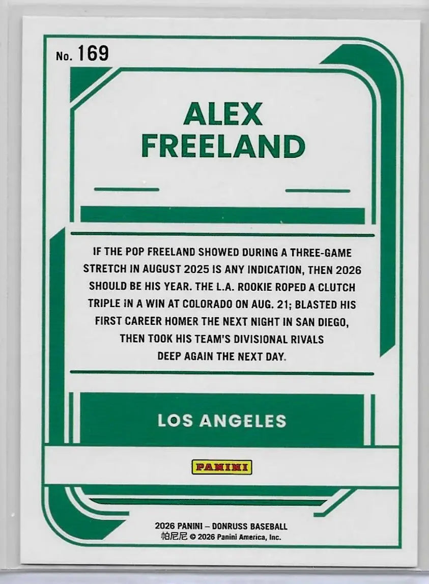 2026 Donruss #169 Alex Freeland Red and Blue Los Angeles Dodgers RC (1414) - Baseball Card Single