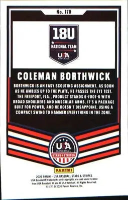 2026 Panini Stars & Stripes Prizm USA Baseball #170 Coleman Borthwick