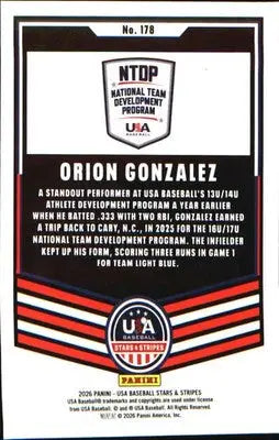 2026 Panini Stars & Stripes Prizm USA Baseball #178 Orion Gonzalez