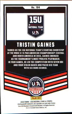2026 Panini Stars & Stripes Prizm USA Baseball #194 Tristin Gaines - Baseball Card Single