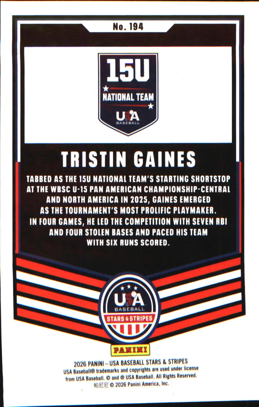 2026 Panini Stars & Stripes Prizm USA Baseball #194 Tristin Gaines