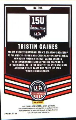 2026 Panini Stars & Stripes Prizm USA Baseball Green #194 Tristin Gaines