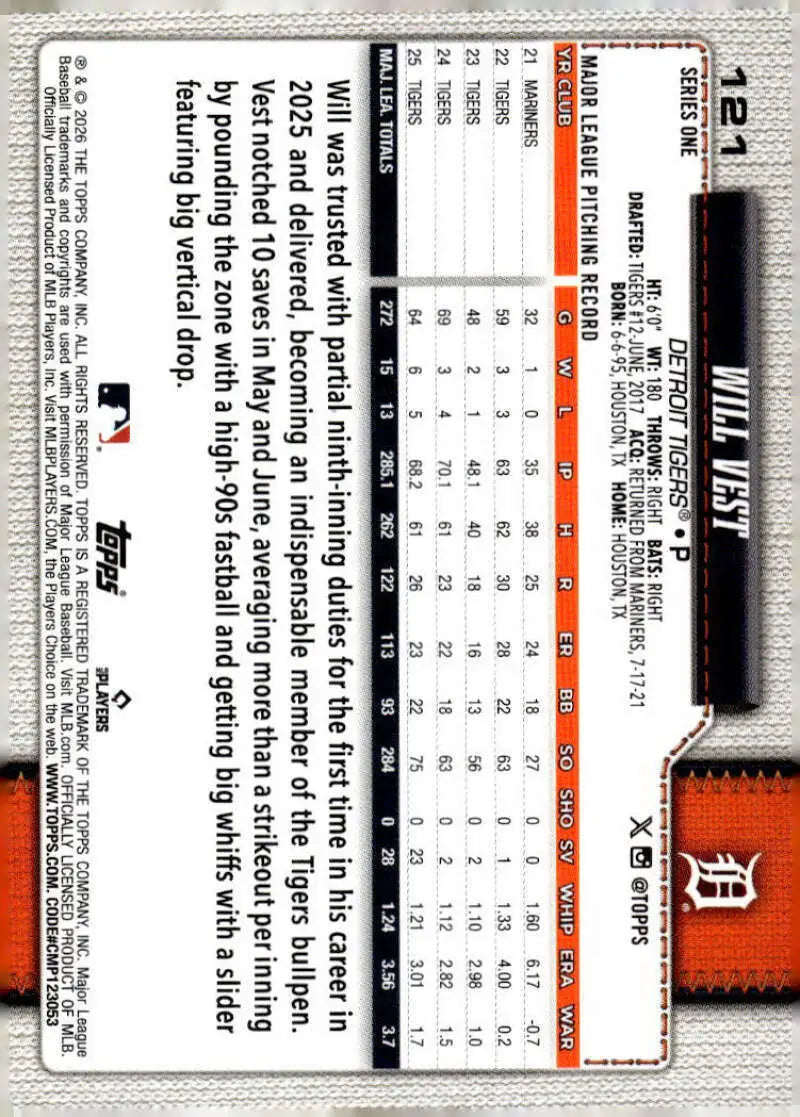 2026 Topps #121 Will Vest NM-MT Detroit Tigers Baseball Card
