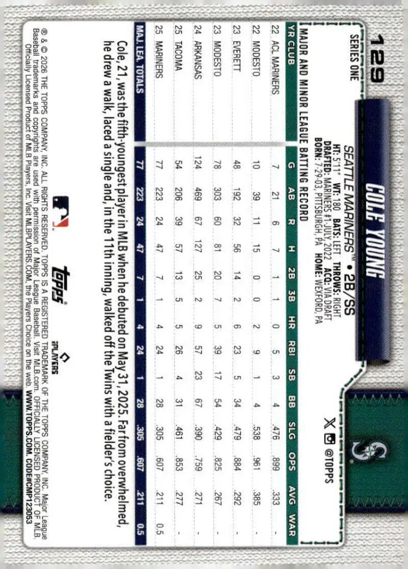 2026 Topps #129 Cole Young NM-MT RC Rookie Seattle Mariners Baseball Card