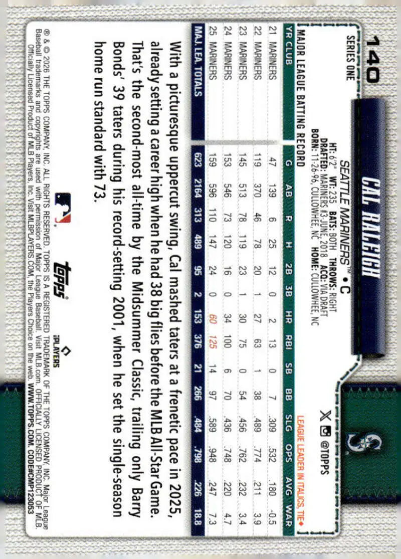 2026 Topps #140 Cal Raleigh NM-MT Seattle Mariners Baseball Card