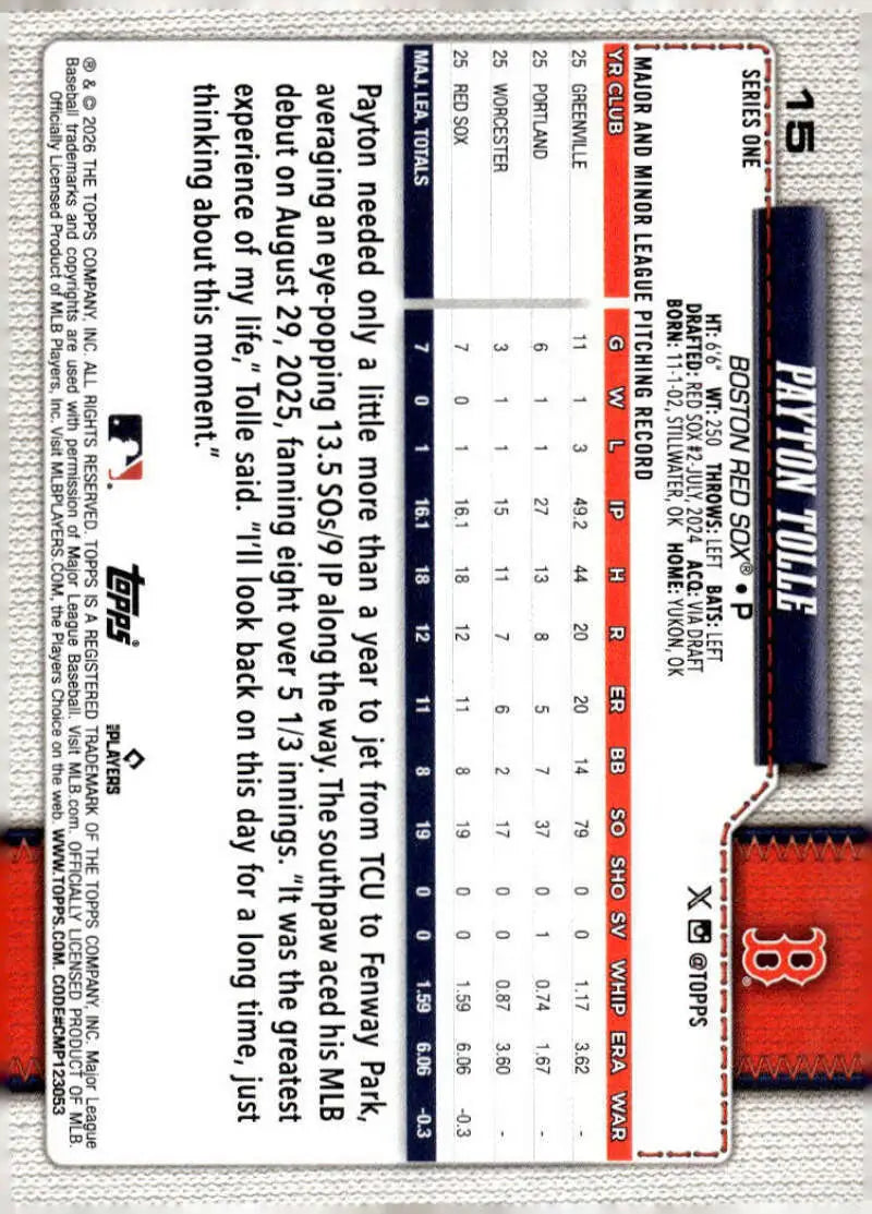 2026 Topps #15 Payton Tolle NM-MT RC Rookie Boston Red Sox Baseball Card