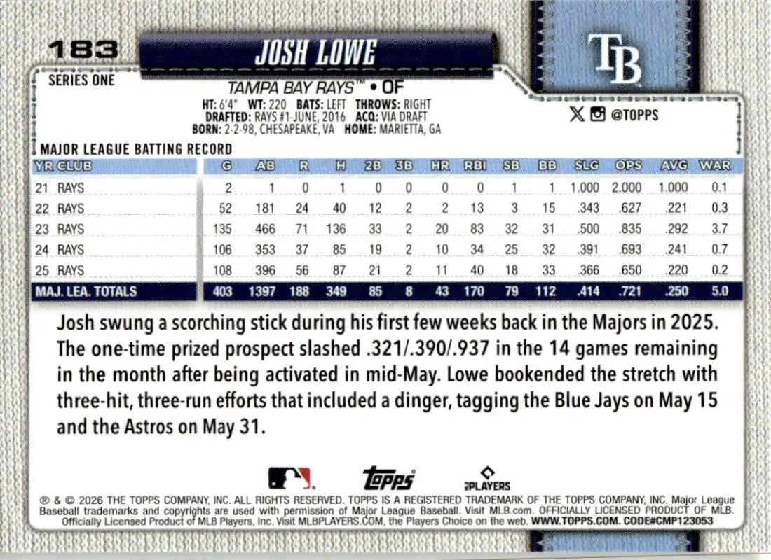 2026 Topps #183 Josh Lowe NM-MT Tampa Bay Rays Baseball Card