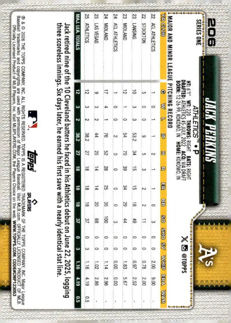 2026 Topps #206 Jack Perkins NM-MT RC Rookie Athletics Baseball Card