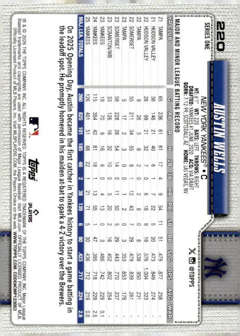 2026 Topps #220 Austin Wells NM-MT New York Yankees Baseball Card
