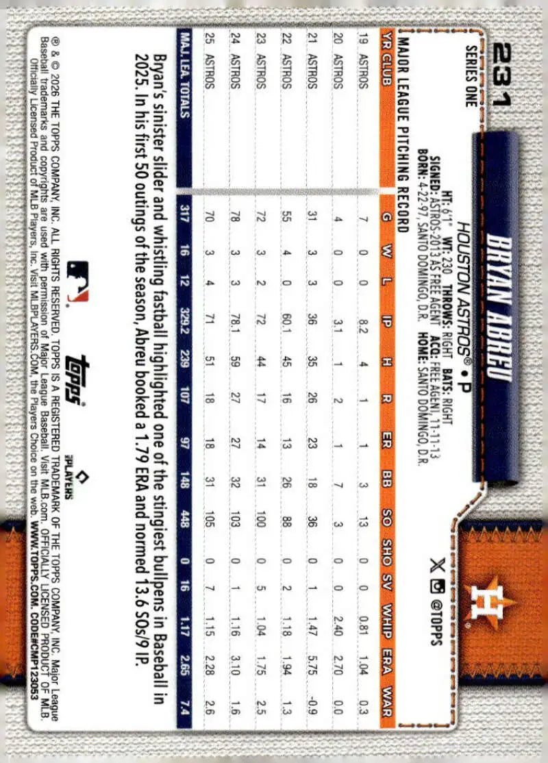 2026 Topps #231 Bryan Abreu NM-MT Houston Astros Baseball Card