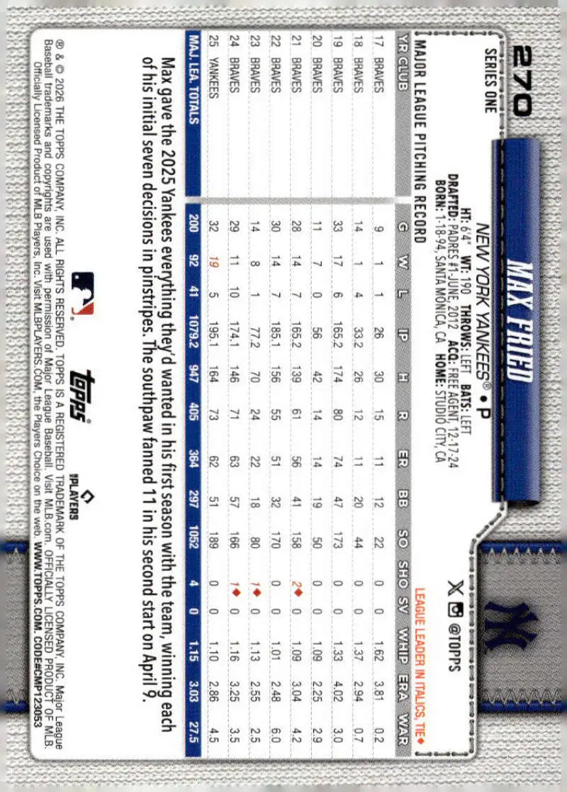 2026 Topps #270 Max Fried NM-MT New York Yankees Baseball Card