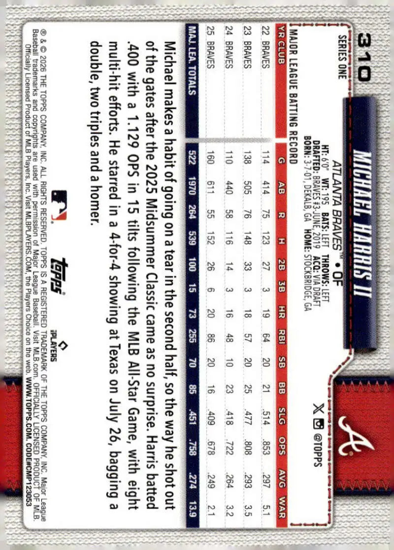 2026 Topps #310 Michael Harris II NM-MT Atlanta Braves Baseball Card