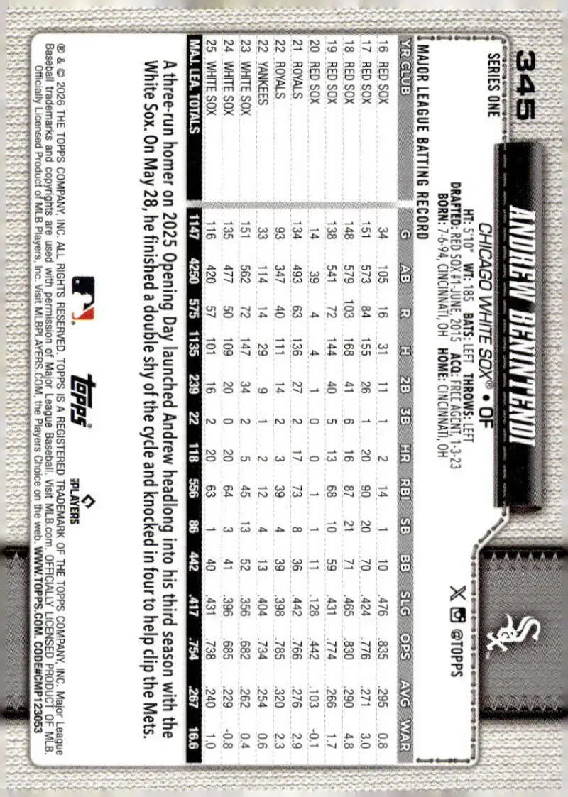 2026 Topps #345 Andrew Benintendi NM-MT Chicago White Sox Baseball Card