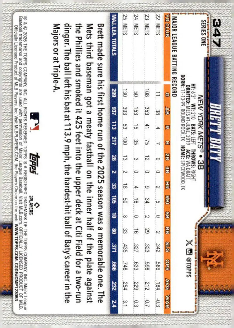 2026 Topps #347 Brett Baty NM-MT New York Mets Baseball Card