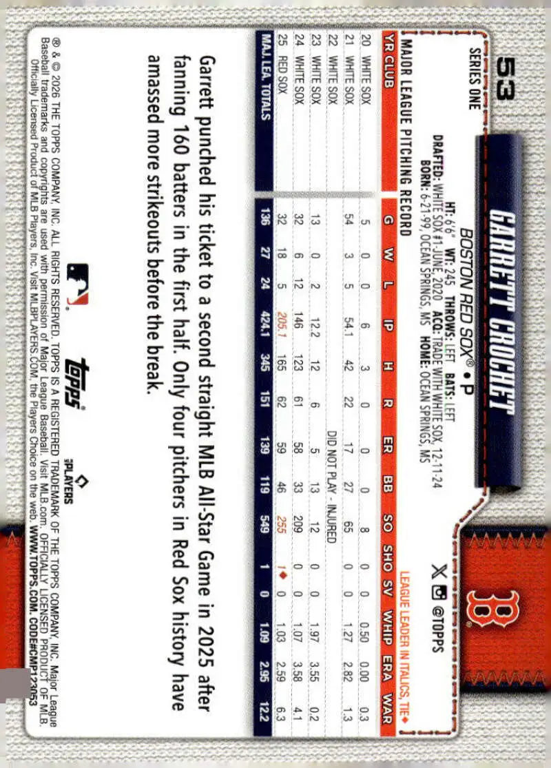 2026 Topps #53 Garrett Crochet NM-MT Boston Red Sox Baseball Card