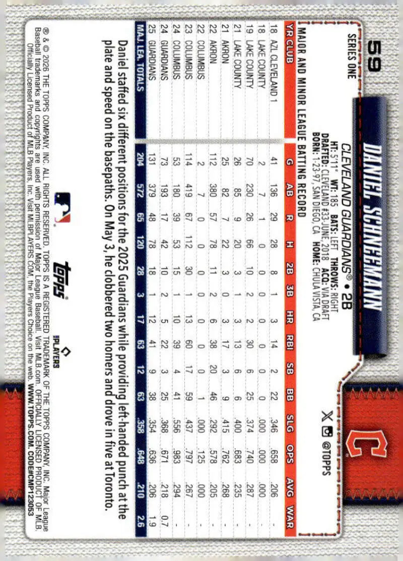 2026 Topps #59 Daniel Schneemann NM-MT Cleveland Guardians Baseball Card - Baseball Card Single