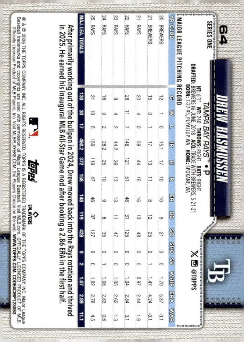 2026 Topps #64 Drew Rasmussen NM-MT Tampa Bay Rays Baseball Card