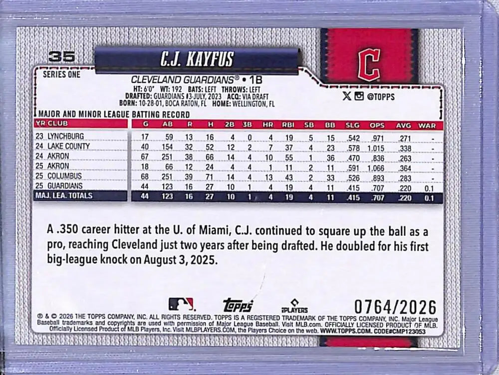 2026 Topps 75 Gold #35 C.J. Kayfus NM-MT 0764/2026 Cleveland Guardians - Baseball Card Single