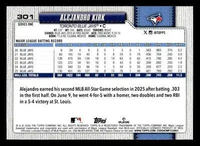 2026 Topps Alejandro Kirk #301 Toronto Blue Jays - Baseball Card Single