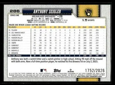 2026 Topps Anthony Seigler #286 Gold SN #/2026 Milwaukee Brewers - Baseball Card Single