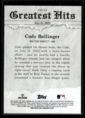 2026 Topps Cody Bellinger #GH-15 2025 Greatest Hits New York Yankees - Baseball Card Single