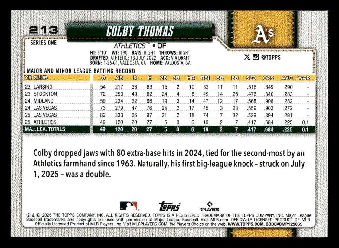 2026 Topps Colby Thomas #213 RC Athletics