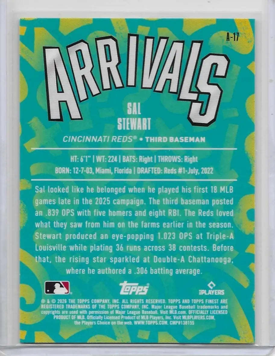 2026 Topps Finest Sal Stewart Arrivals RC #A-17 Reds Base (1417) - Baseball Card Single