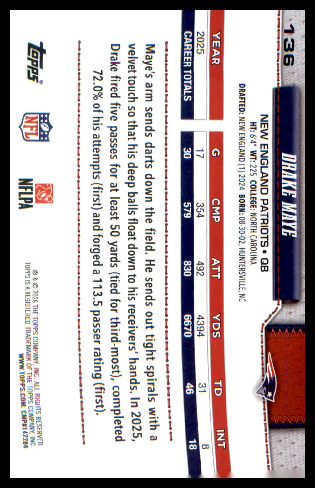 2026 Topps Flagship Football #136 Drake Maye - Football Card Single
