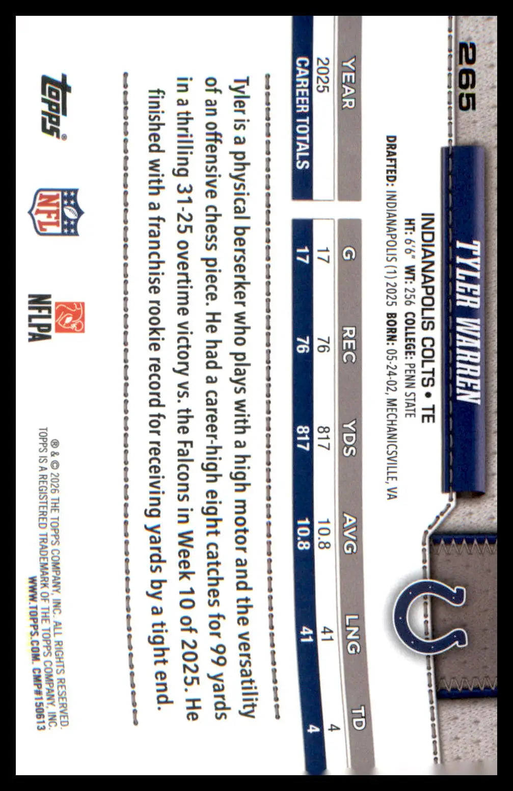 2026 Topps Flagship Football Future Stars/All-Rookie Team #265 Tyler Warren - Football Card Single